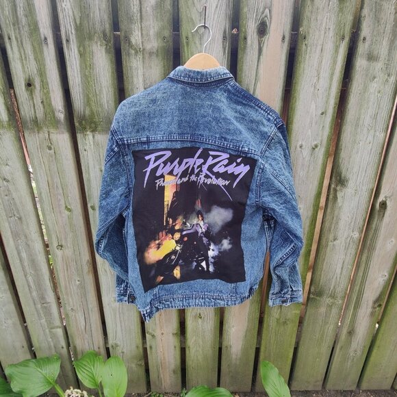 Custom reworked 'Prince' vintage acid-washed denim jacket women's L - Picture 1 of 2
